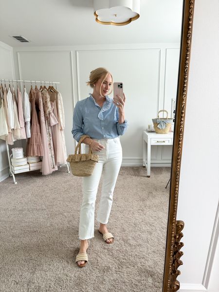Love the ruffle detail on this J.Crew Factory top! I have it paired with my favorite white Nordstrom Mother jeans. Wearing size small in the top and size 28 in the jeans. Spring outfits // work outfits // workwear // white jeans // J.Crew finds 

#LTKSeasonal #LTKworkwear #LTKstyletip