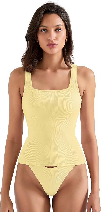 SUUKSESS Women Cotton Rib Squre Neck Tops Sleeveless Summer Padded Basic Tank Top | Amazon (US)