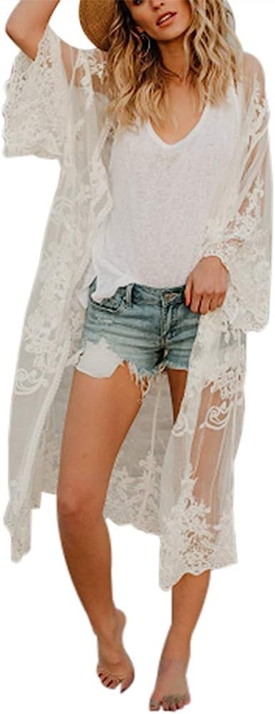 Romanstii Women's Lace Cardigan Floral Crochet Sheer Beach Cover Ups Long Kimono | Amazon (US)