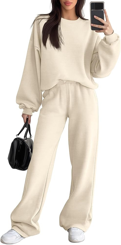 Women's 2 Piece Outfits Set Fleece Lined Lounge Sweatsuit Crewneck Pullover Top Wide Leg Pants Ca... | Amazon (US)