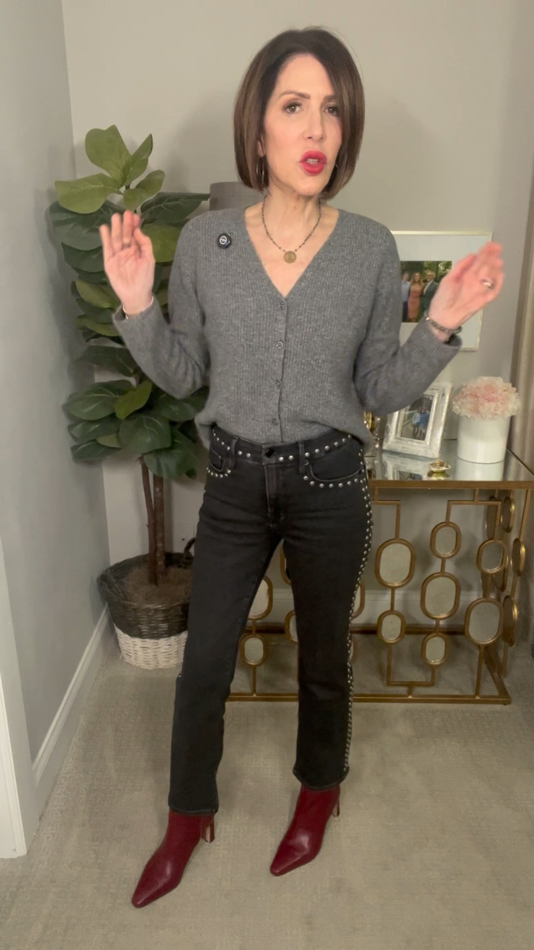 grey cardigan, black studded jeans, red boots, over 50 outfits, chic outfits 

#LTKSeasonal #LTKootd #LTKgrwm