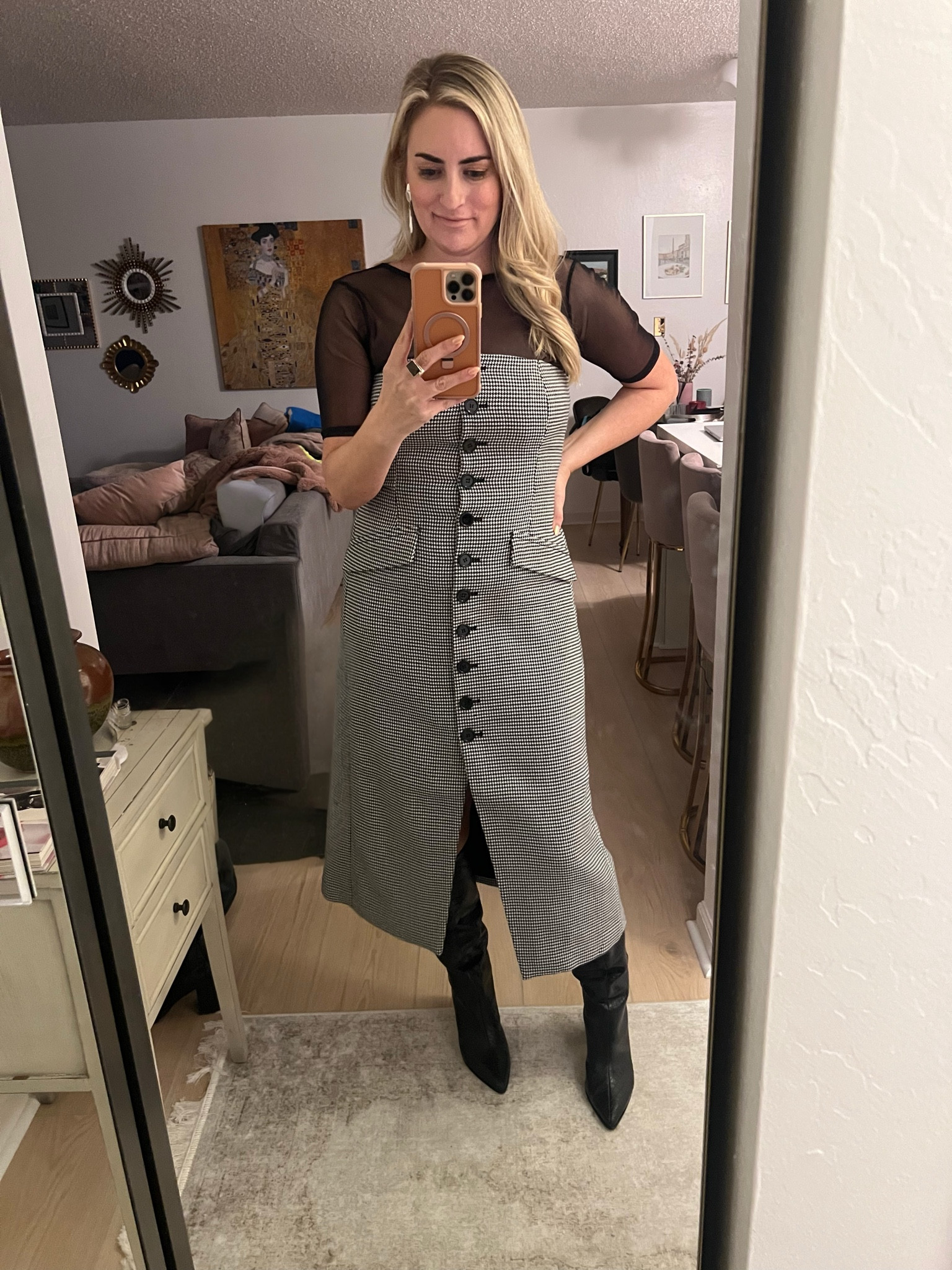 Gingham strapless dress | black body suit | black tall boots