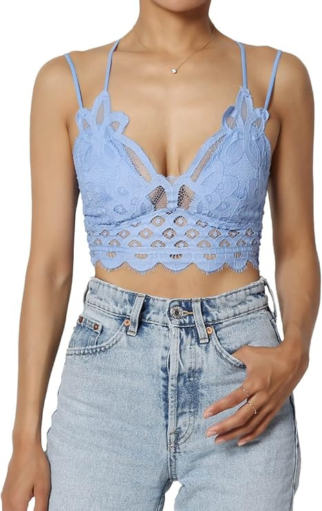 Women's Cross Strap & Stretchy Smocked Back Crochet Lace Bralette Pad Bra Top | Amazon (US)