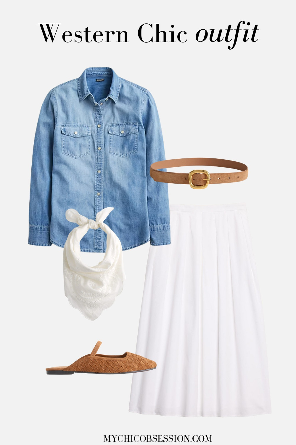 Eye-catching details can really make your Western chic outfits stand out. Accessories can transform your spring look into something special. For example, a suede belt and woven mules, along with a white bandana, give this ordinary look its essential Western flair. 

 #LTKSeasonal #LTKStyleTip #LTKShoeCrush