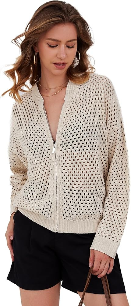 Womens Zip Up Crochet Cardigan Sweater Oversized Long Sleeve Hollow Out Knit Bomber Jacket Fishne... | Amazon (US)