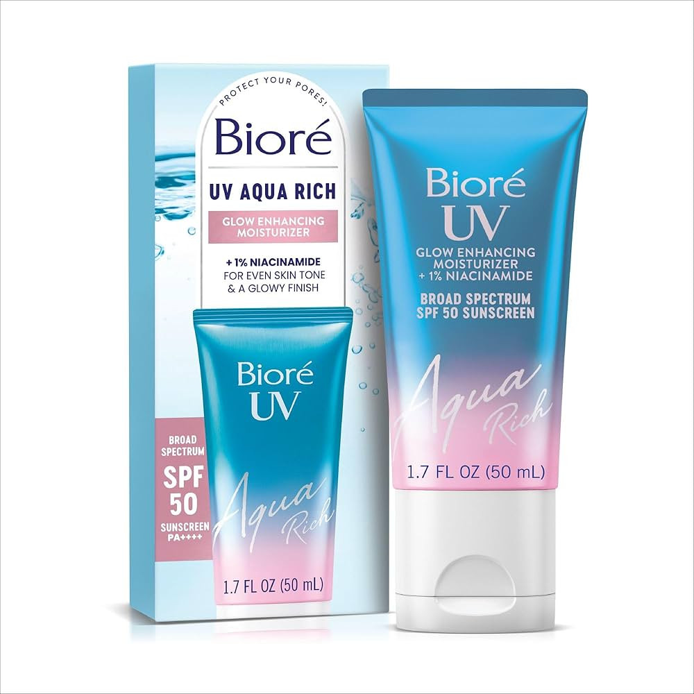 Bioré UV Aqua Rich Glow Enhancing Moisturizer with SPF, Daily Moisturizer with SPF 50, 1% Niacin... | Amazon (US)