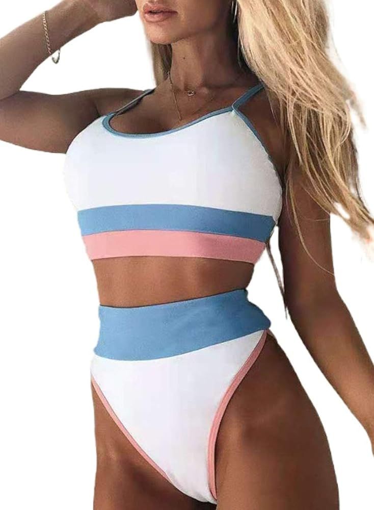 Dokotoo Womens Cute Color Block Ribbed High Waisted Two Piece Bikini Swimsuits | Amazon (US)