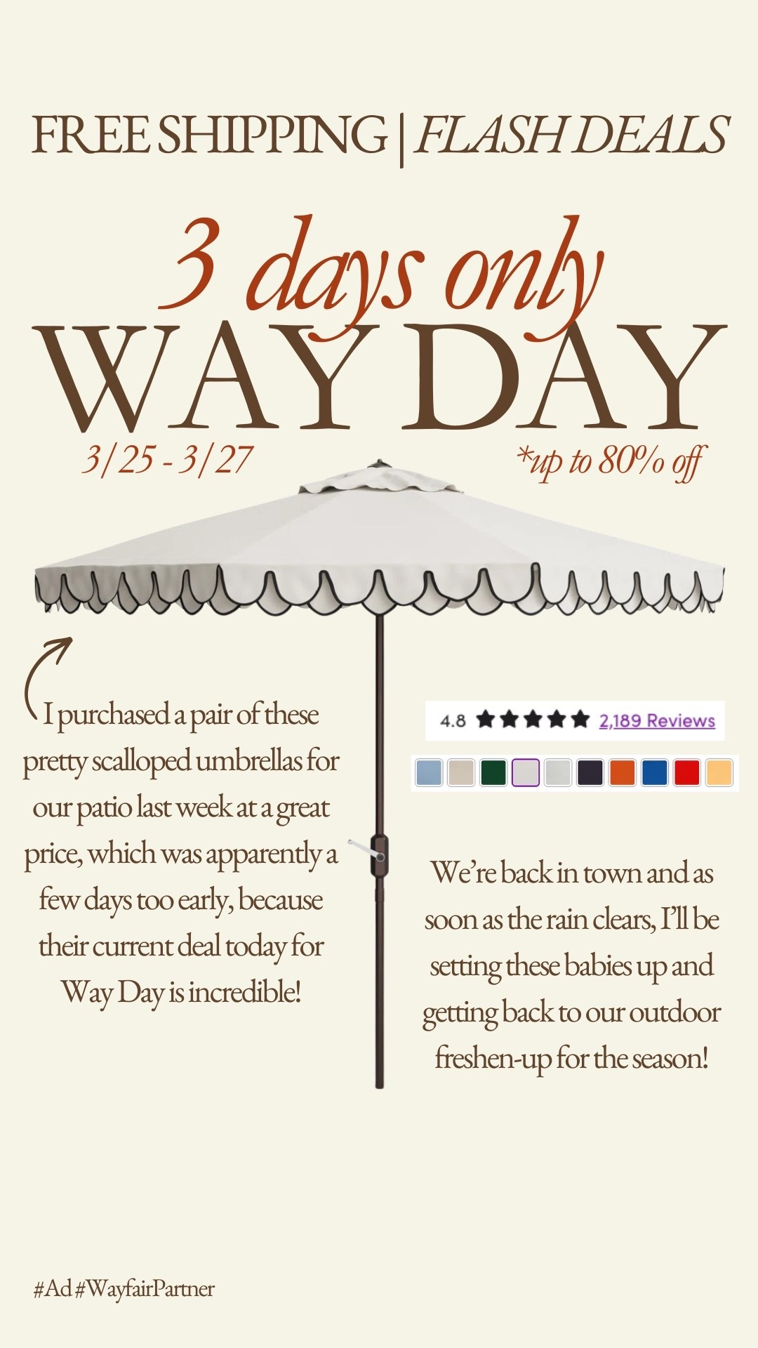 Happy Way Day where the shipping’s free and the deals are 🔥 and up to 80% off, but the sale dates are only 3 days! I grabbed theee scalloped edge umbrellas for our patio after I decided our old ones from when our pool was first installed were past their prime, and while I got a great deal, the discount for Way Day is even more incredible! Thousands of reviews at 4.8 stars and 10 canopy colors. See this one in all the hues and some of my other faves here… #Ad #Wayfair @wayfair #WayfairPartner #WayDay 

#LTKSaleAlert #LTKHome #LTKSeasonal
