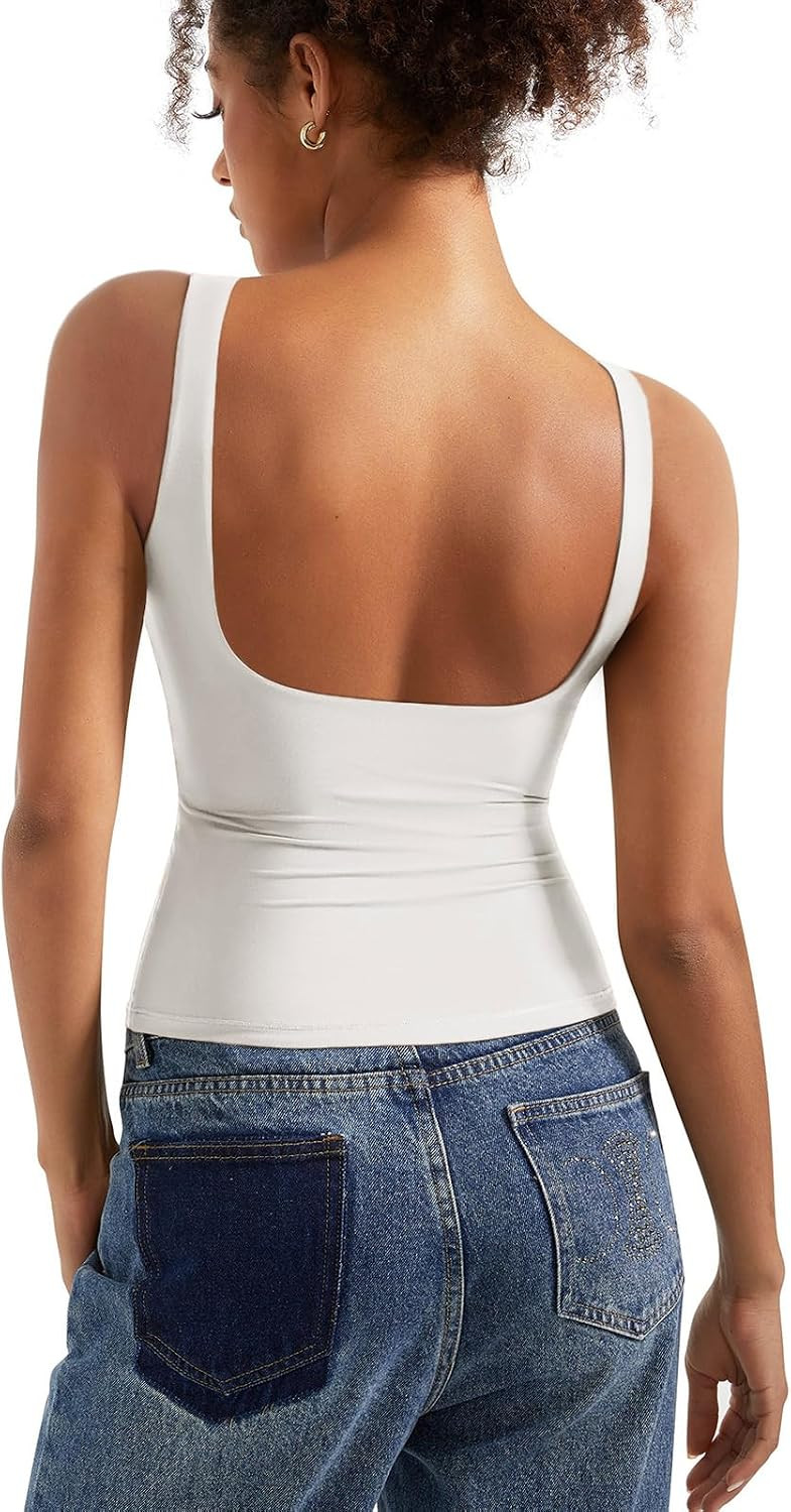 SUUKSESS Women Padded Open Back Boat Neck Tank Top Double Lined Basic Shirt | Amazon (US)