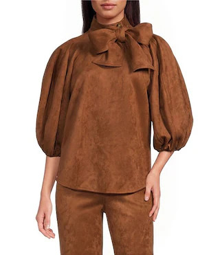 Suede Neck Tie 3/4 Puffed Sleeve Pleated Shoulder Coordinating Top | Dillard's