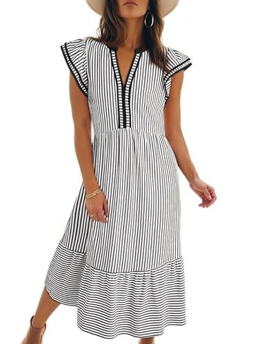 Dokotoo Womens Dresses 2026 Summer V-Neck Ruffle Cap Sleeve Empire Waist Flowy Striped Beach Midi... | Amazon (US)