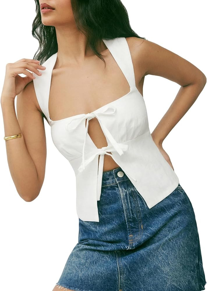 Y2k Women Floral Tie Front Tank Top Sleeveless Open Front Cami Sexy Backless Camisole Going Out C... | Amazon (US)