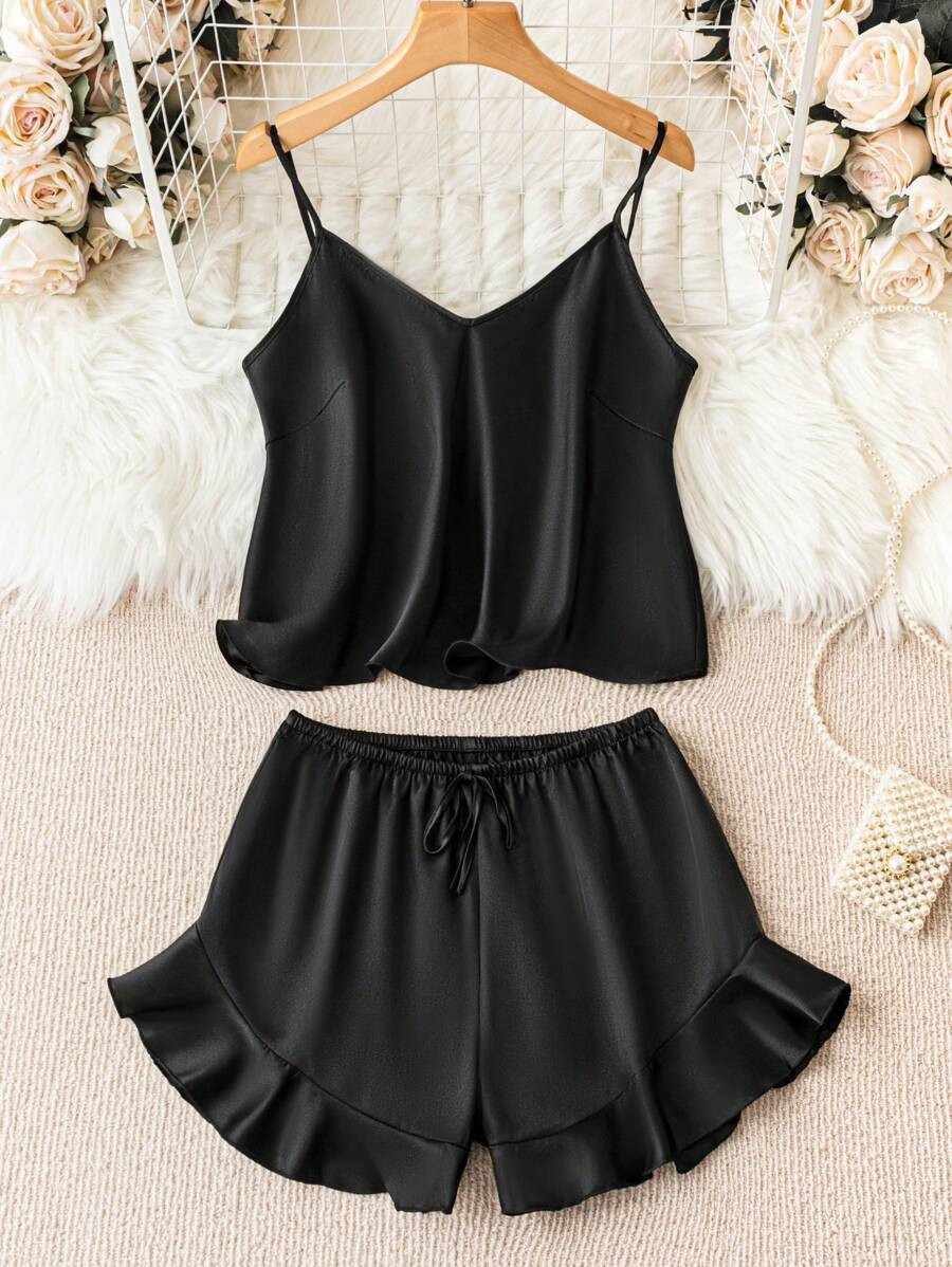 Solid Cami Top & Ruffle Hem Shorts PJ Set | SHEIN