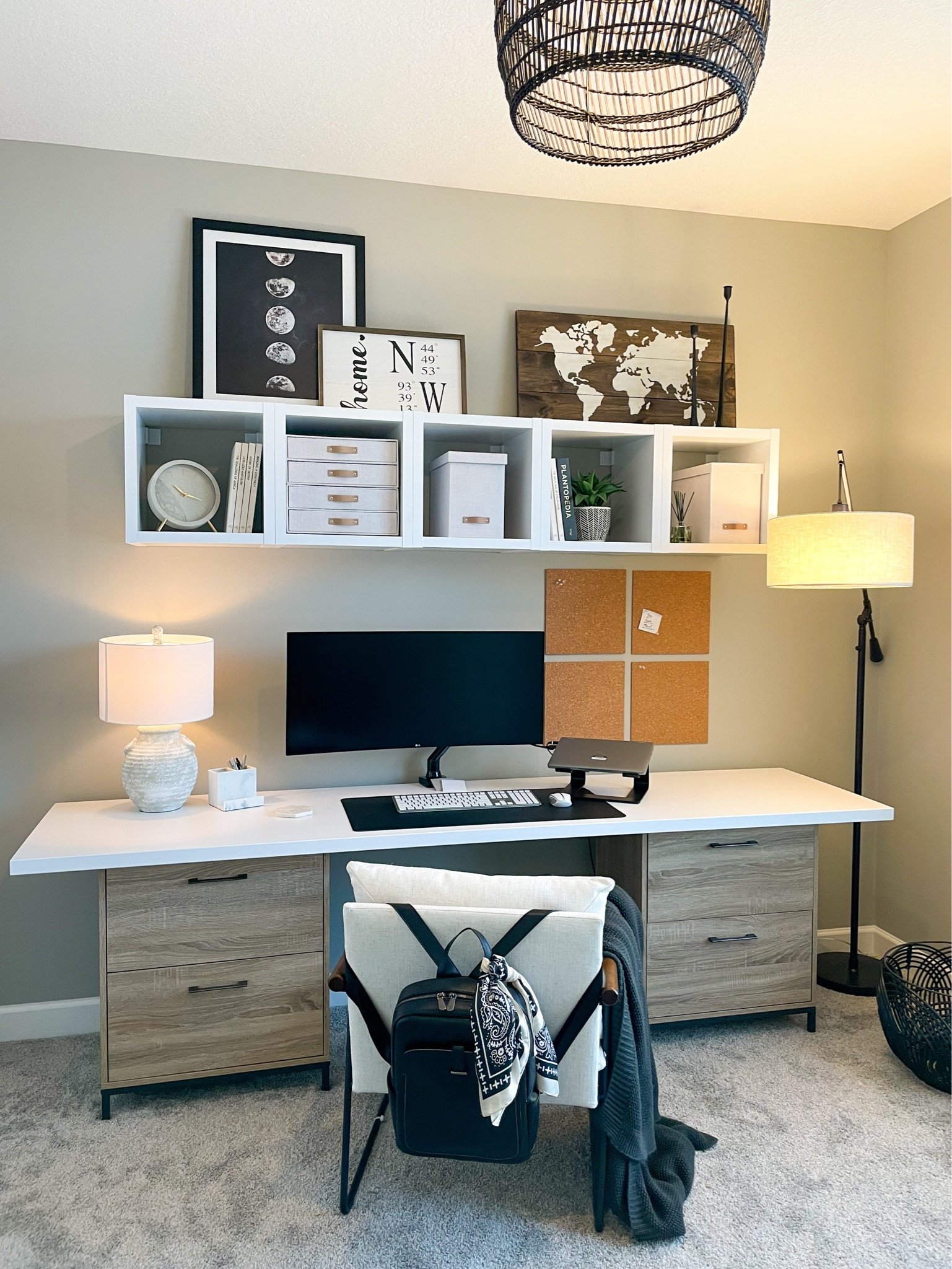 My dream office space. This was a unique project as there wasn’t a perfect “desk” that made this space work. We ended up using a butcher block from Home Depot, painting it with an acrylic paint (so no poly or top coat needed) and two file cabinets from target to create the look! 

#office 

#LTKhome