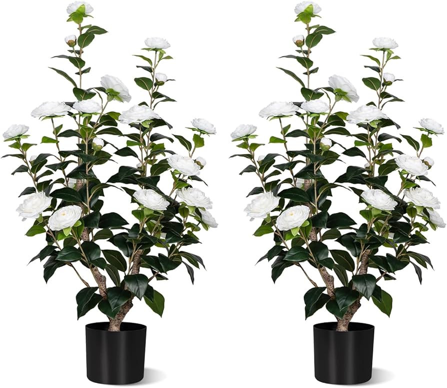2Pack Artificial Camellia Tree, 35" Flower Plants Artificial Tree, Faux Floral Blooming Flower Tr... | Amazon (US)