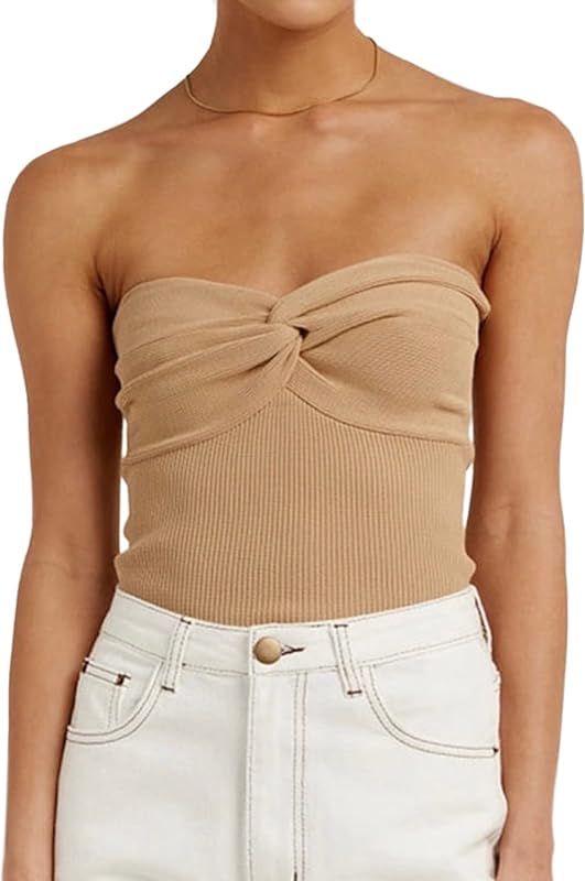 NTSWZYS Womens Strapless Crop Top Sexy Twist Knot Front Solid Ribbed Knit Tube Top Sleeveless Camiso | Amazon (US)