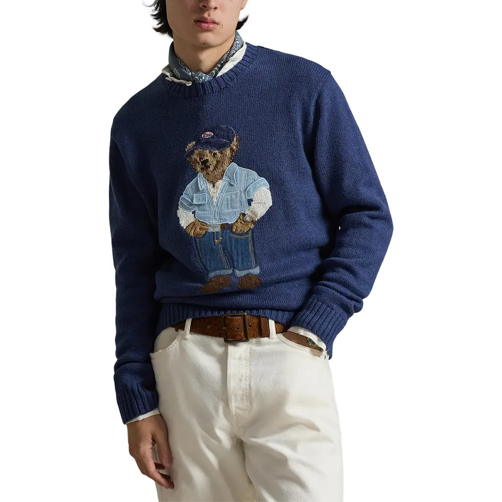Polo Ralph Lauren Polo Bear Linen & Cotton Sweater in Light Navy at Nordstrom, Size Medium | Nordstrom