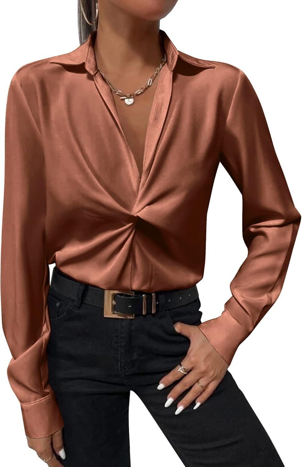 Zeagoo Women's Satin V Neck Twist Front Top Long Sleeve Silk Shirts Casual Work Office Blouse | Amazon (US)