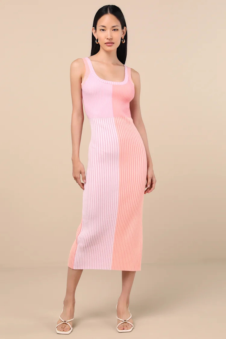 Radiant Personality Pink Color Block Ribbed Knit Midi Dress | Lulus