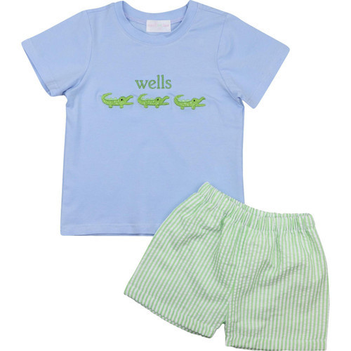 Blue And Green Seersucker Embroidered Alligator Short Set  - Shipping Late  April | Cecil and Lou