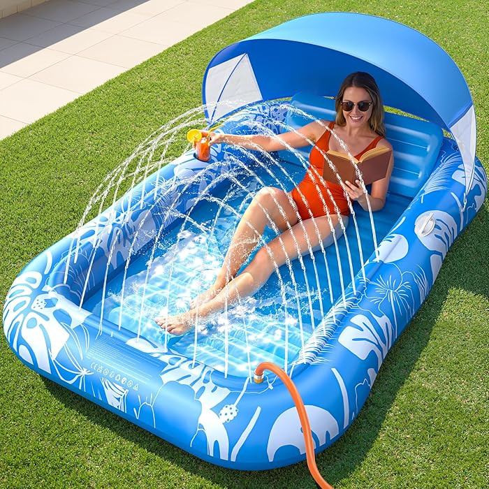 Inflatable Tanning Pool Lounger Float with Sprinkler & Canopy UPF50+, 77" x 48" Extra Large Tanni... | Amazon (US)