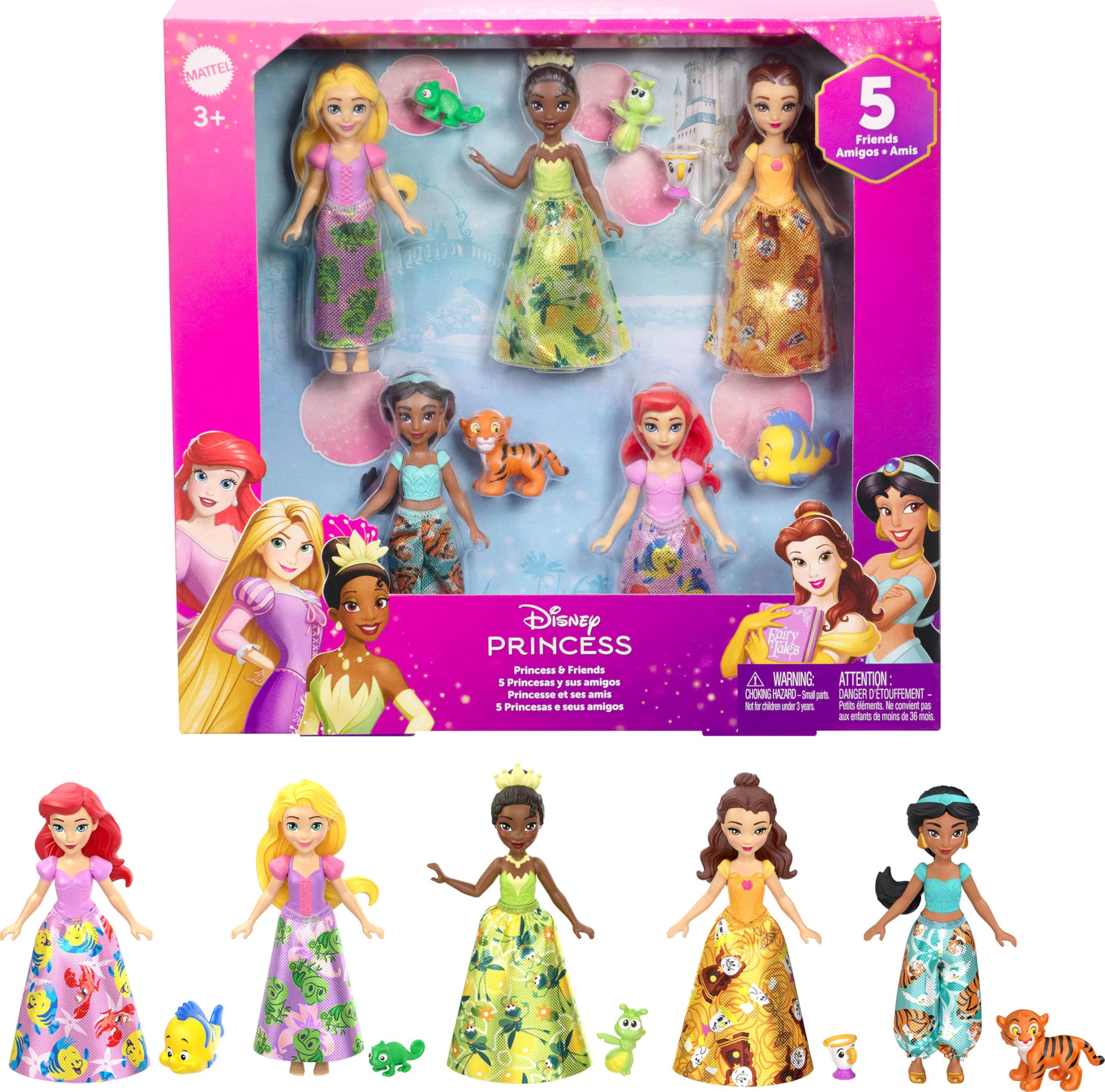 Mattel Disney Princess & Friends Set with 5 Posable Small Dolls in Removable Skirts or Pants & 5 ... | Amazon (US)