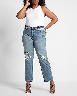 Mid Rise Medium Wash Ripped Boyfriend Jeans | Express