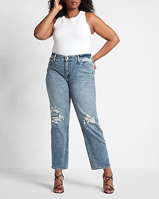 Mid Rise Medium Wash Ripped Boyfriend Jeans | Express