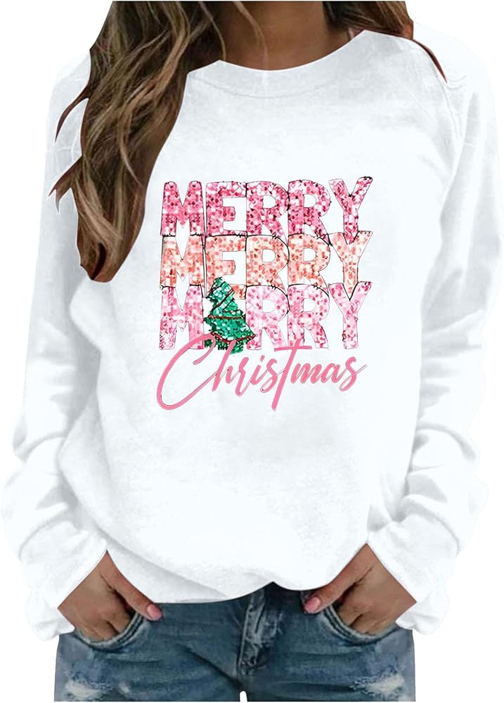 Women's Merry Christmas T Shirt Pink Letter Printed Shirt Classic Round Neck Long Sleeve Tops Swe... | Amazon (US)