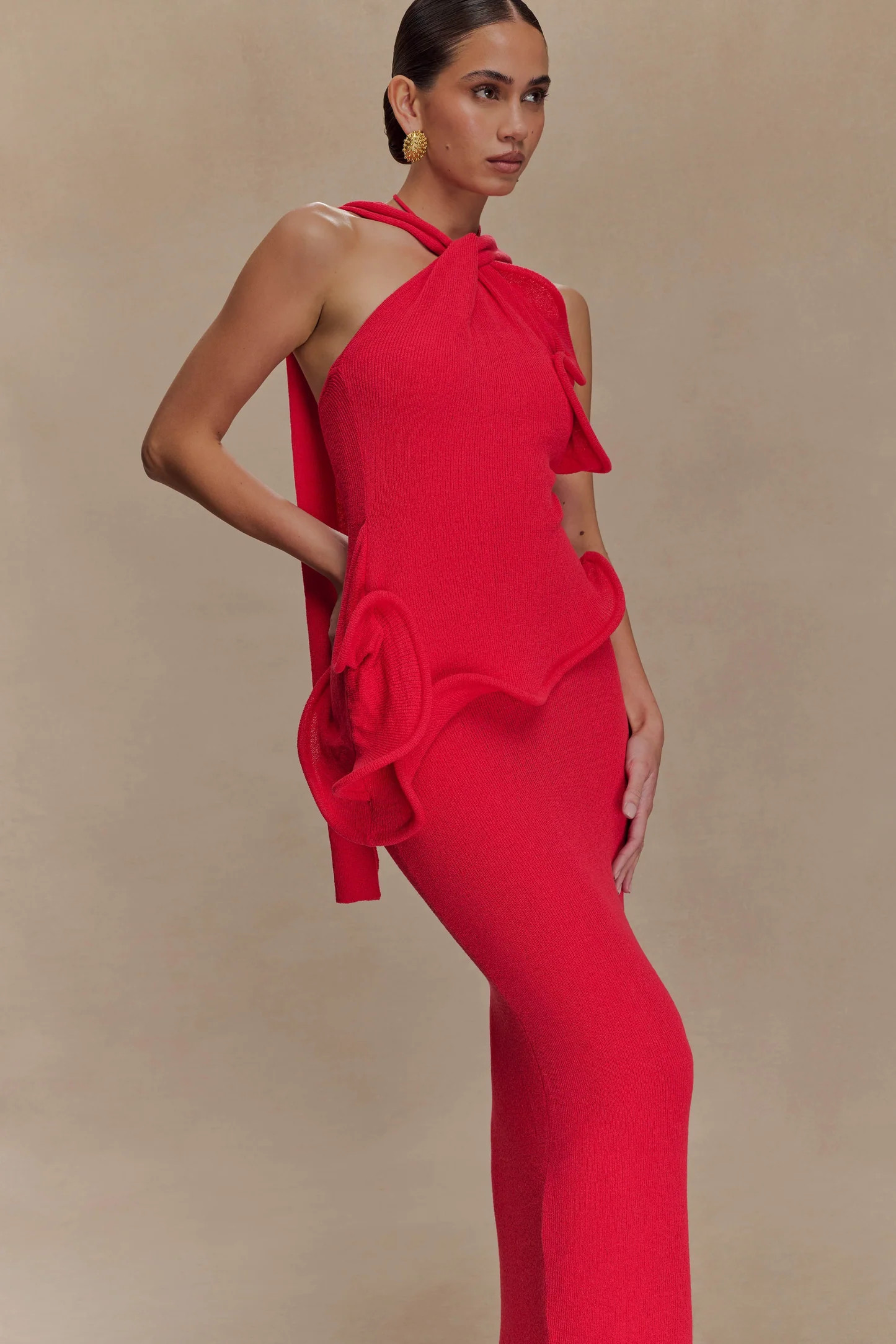Caprice Halter Knit Maxi Dress - Red | MESHKI US