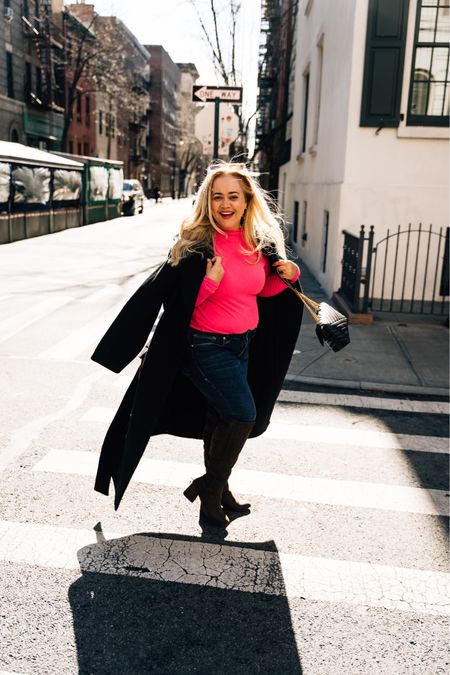 Winter outfit / weekend in NYC / mid season spring outfit - black coat, jeans, knee high boots, a pink long sleeve for pop the outfit and a gorgeous Kira black bag from Tory brush. 

#LTKcurves #LTKitbag #LTKSeasonal