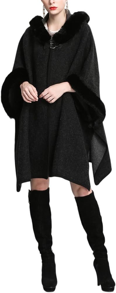 Gihuo Women's Luxury Batwing Sleeve Faux Fur Hooded Cloak Poncho Sweater Cape | Amazon (US)