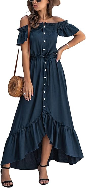 KIRUNDO 2021 Summer Women’s Off Shoulder Maxi Dress Polka Dots Short Sleeves High Waist Pleated... | Amazon (US)