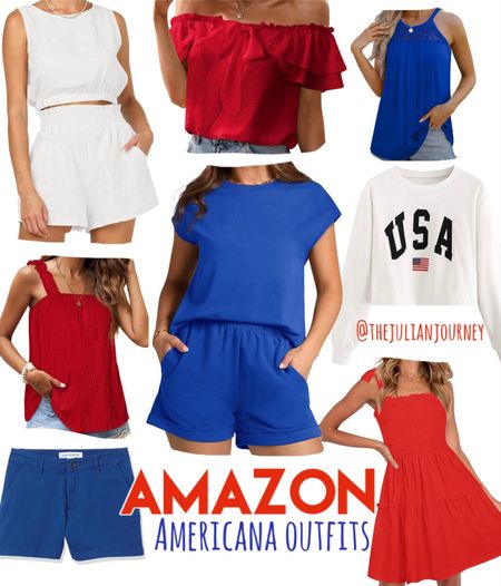 Amazon Americana outfits perfect for Memorial Day and 4th of July! Red white and blue outfits on Amazon! Two piece set, shorts, romper, tank top, off the shoulder top, USA sweatshirt 

#LTKSeasonal