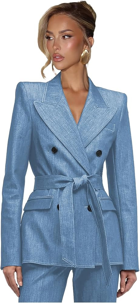 Denim Womens Suit with Belt 2 Piece Set V Neck Suits for Women 6 Button Blazer Wide Leg Pant Suit... | Amazon (US)