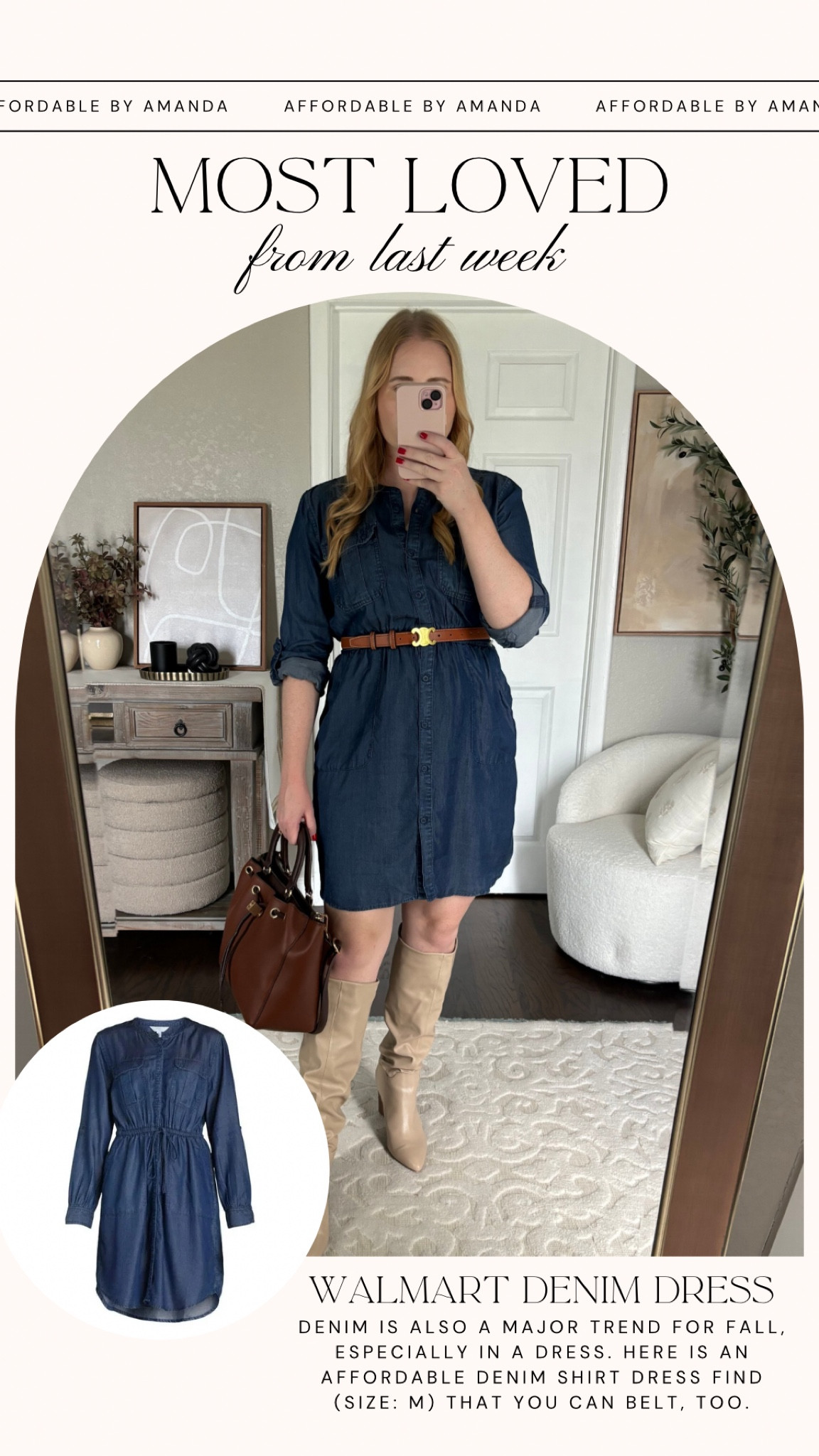 Time and Tru Women's and Women's Plus Utility Shirtdress with Long-Sleeves, Size Medium with brown riding boots (for tts) and a new satchel purse from Walmart as well. Head to toe Walmart fall outfit idea!  #ltkfindsunder50 #ltkworkwear #ltkmidsize

#LTKSeasonal #LTKFindsUnder50 #LTKShoeCrush