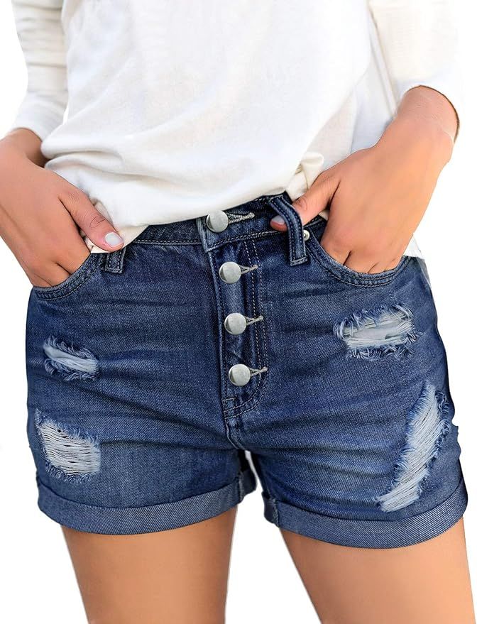 luvamia Women's Ripped Denim Jean Shorts Mid Rise Stretchy Folded Hem Short Jeans | Amazon (US)