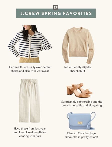 Petite-friendly spring pieces from J.Crew . The striped cardigan jacket is SO cute, nice quality (tight weave and a good weight) and also comes in a versatile solid black or solid red. 

Quality is like vintage jcrew level. Unfortunately it is always excluded from sale but don’t miss out if youre looking for a piece like this.

Fit of xxs regular on me is just the right amount of cropped on a petite frame and is something I’d wear with jeans or workwear.

For the linen pants I have xxs petite and the cashmere sweater I have xxs, and shoes size 5.

#LTKSeasonal #LTKFind
