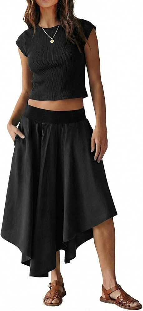 Tankaneo Womens 2 Piece Skirt Set Summer Casual Cap Sleeve Ribbed Crop Tops Midi Dress Vacation O... | Amazon (US)