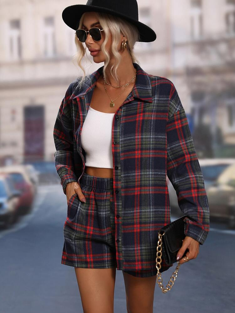 Plaid Print Drop Shoulder Shirt & Shorts | SHEIN