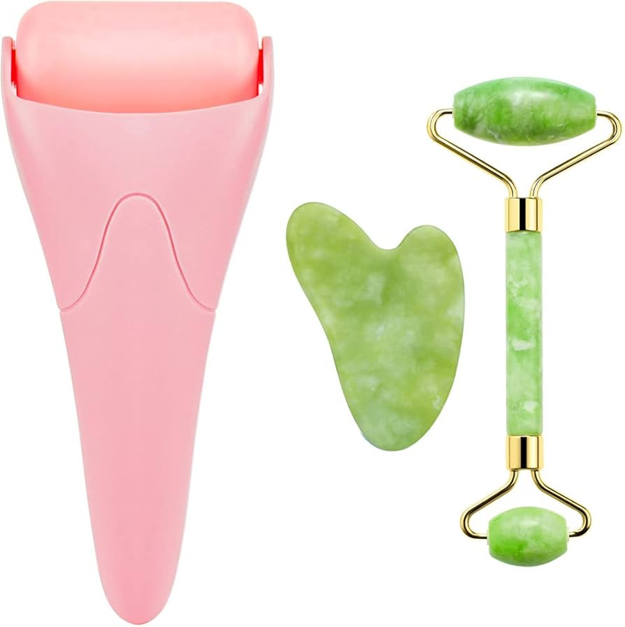 Natural Jade Roller And Gua Sha Set For Face and Eye Ice Roller Facial Cooling Massage Roller | Amazon (US)
