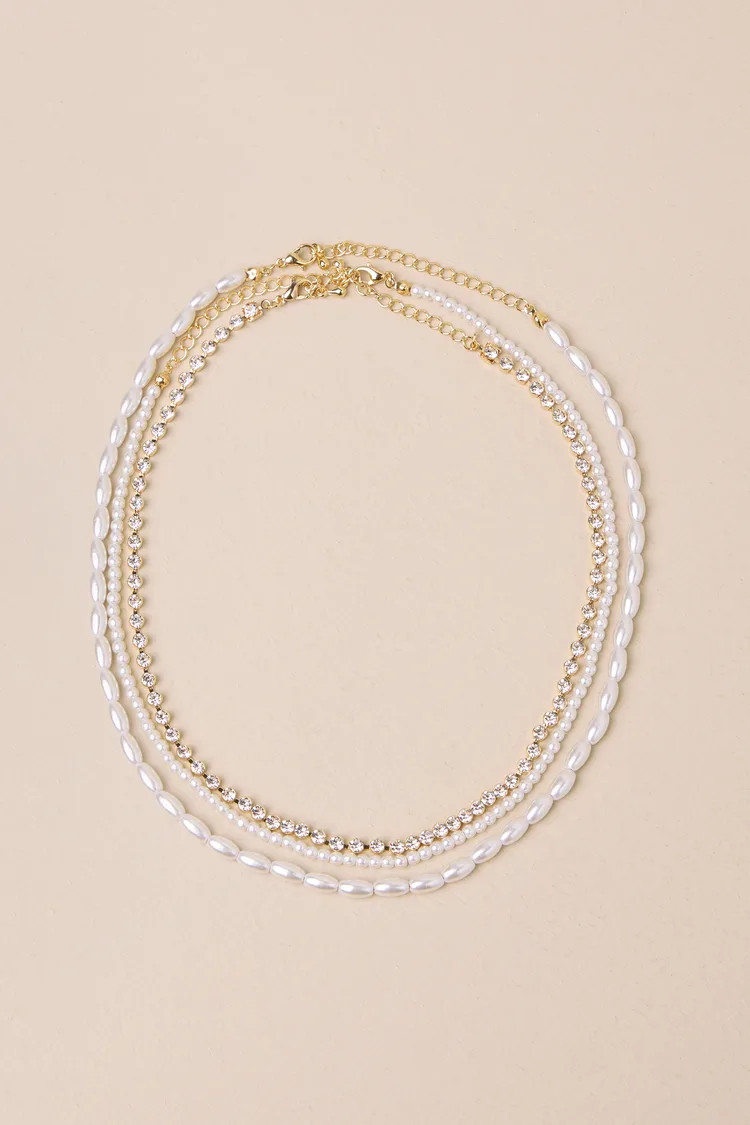 Irresistible Dazzle Gold Rhinestone Pearl Necklace Set | Lulus