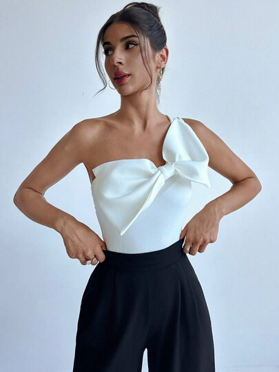 Aloruh Women's Elegant One Shoulder Bodysuit With Bowknot | SHEIN