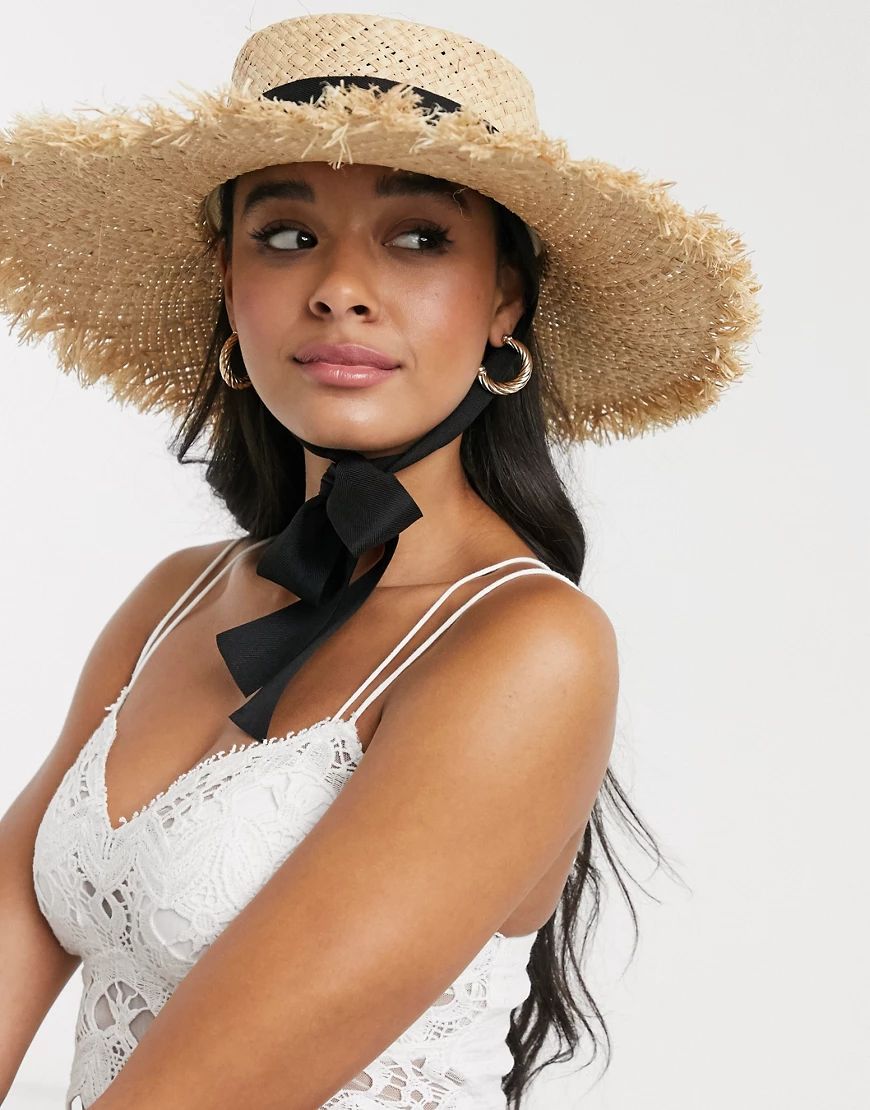 South Beach straw wide brim hat with black band and size adjuster-Beige | ASOS (Global)