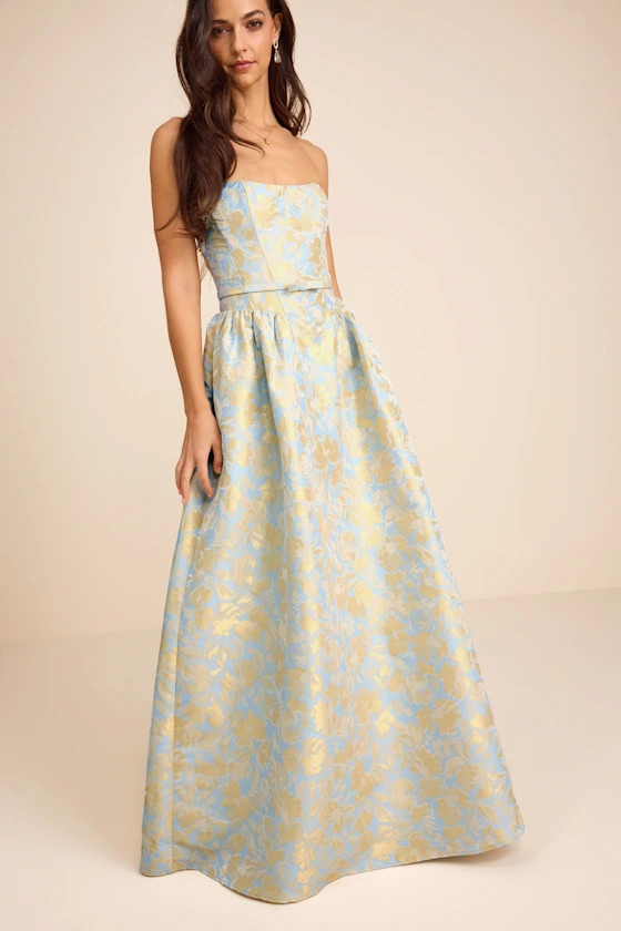 Bradshaw Light Blue and Yellow Floral Jacquard Maxi Dress | Lulus