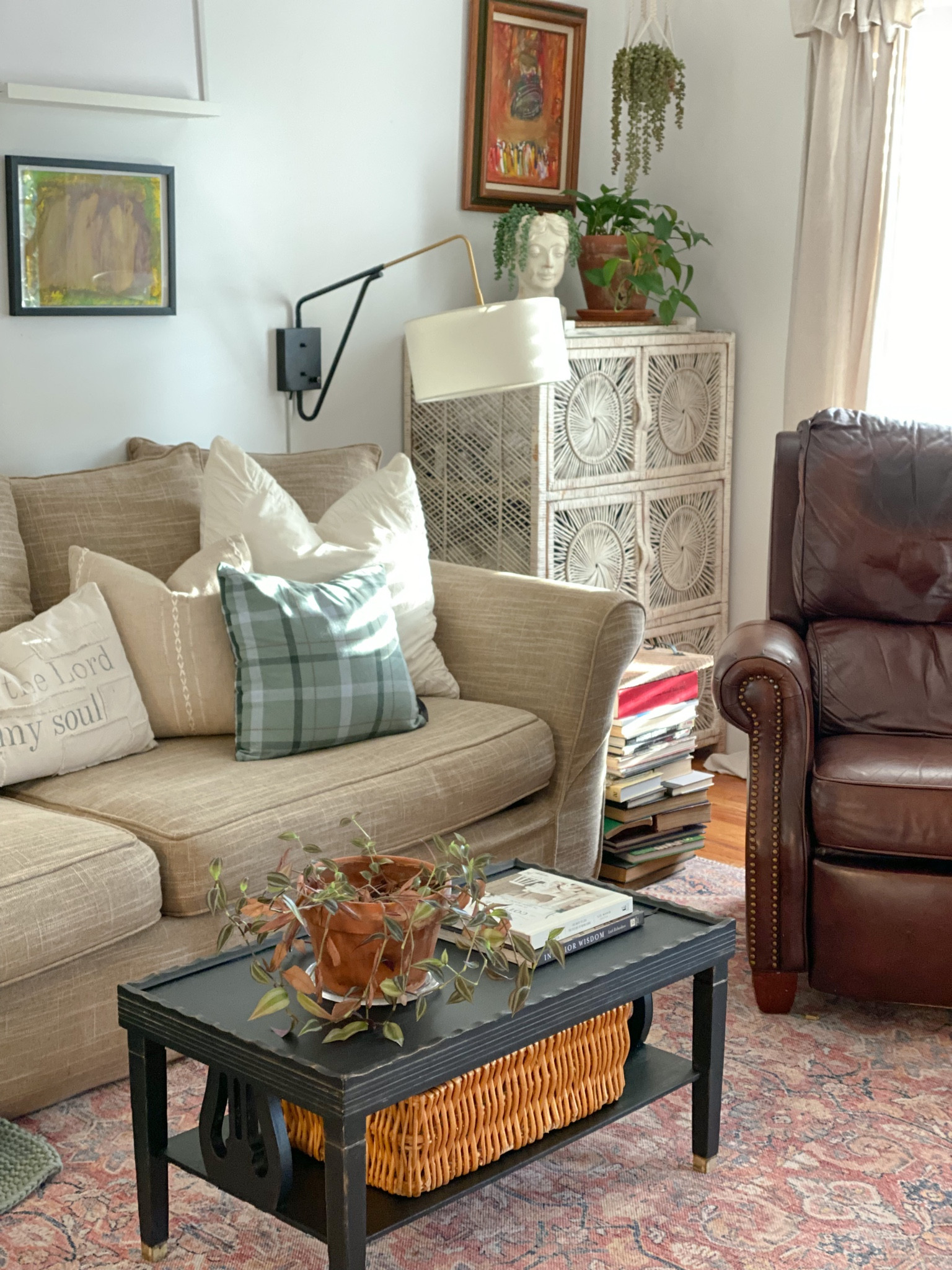 Wicker basket, coffee table books, statue planter, terracotta, antique coffee table, plug in wall sconce 
Target, amazon, Walmart, Anthropologie 

#LTKFind #LTKsalealert #LTKhome