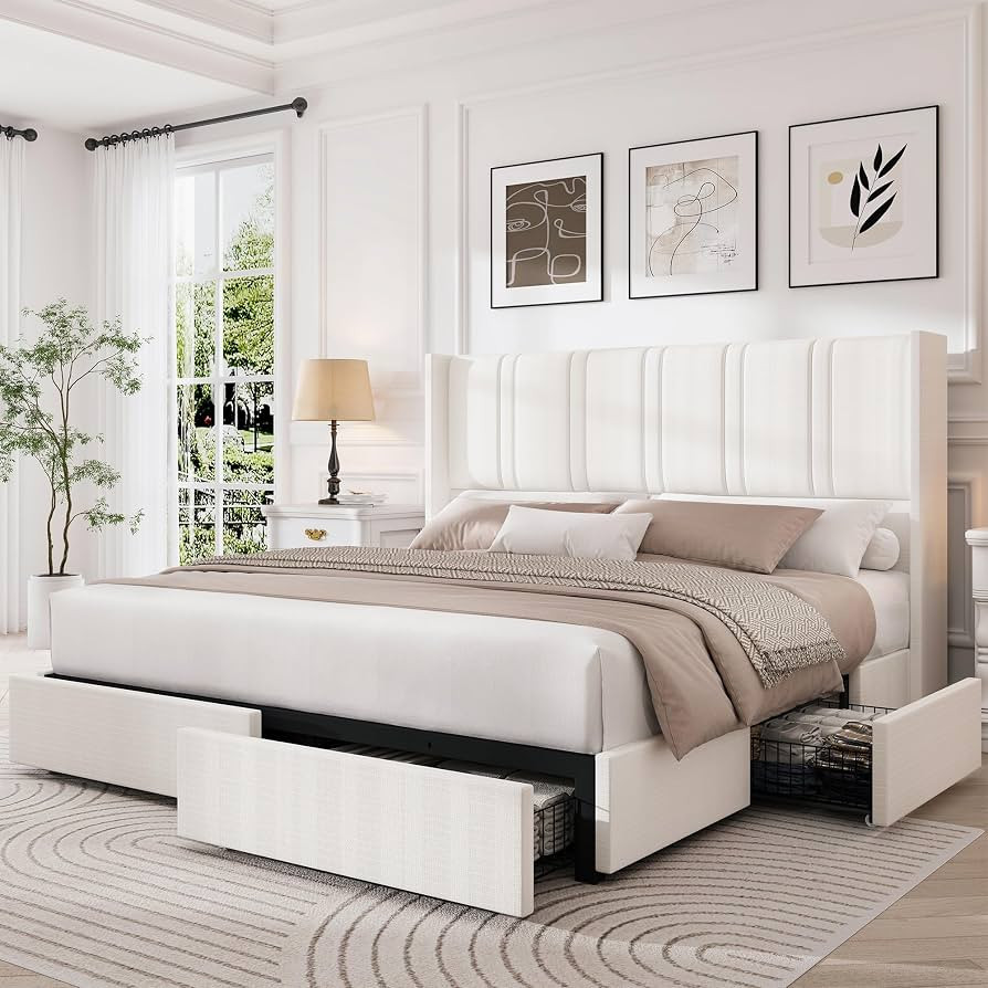 LARMACE Queen Size Bed Frame with 4 Storage Drawers and Wingback Headboard Linen Upholstered Plat... | Amazon (US)