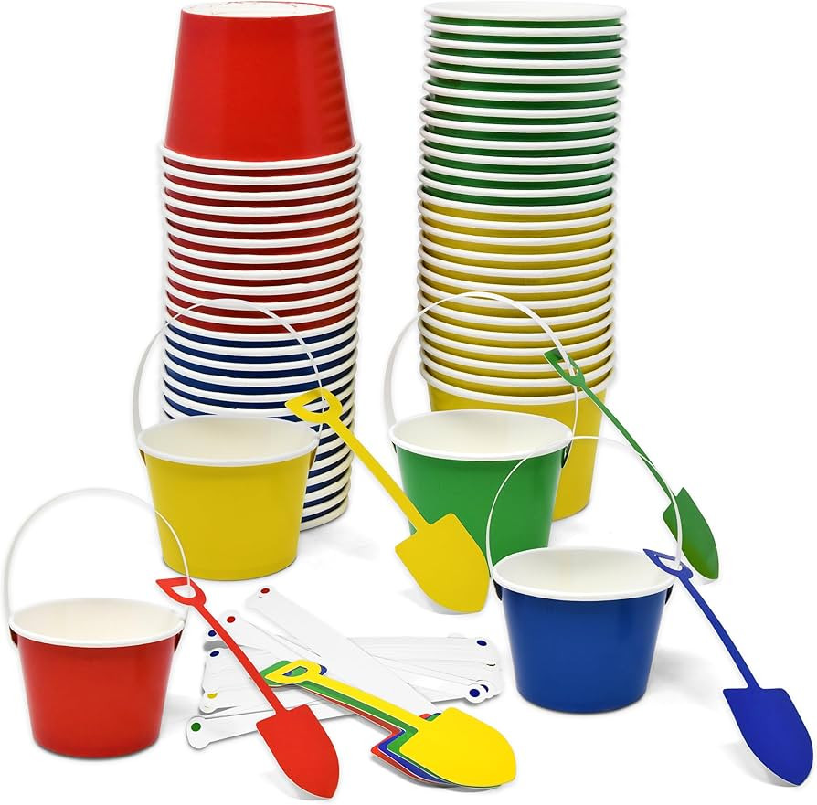 60 Pcs Mini Beach Pail Bucket Treat Cups 10oz with Handle and Shovel Disposable Paper Cup Ice Cre... | Amazon (US)