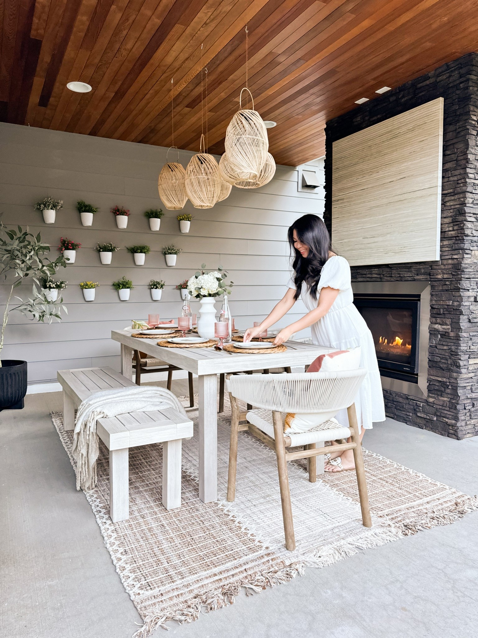 Outdoor dining table!  

dinnerware, outdoor chairs and rug, acrylic ribbed cups, lanterns, hanging planters, artificial flowers, home finds, patio furniture, outdoor furniture 

#LTKSeasonal #LTKHome #LTKParties