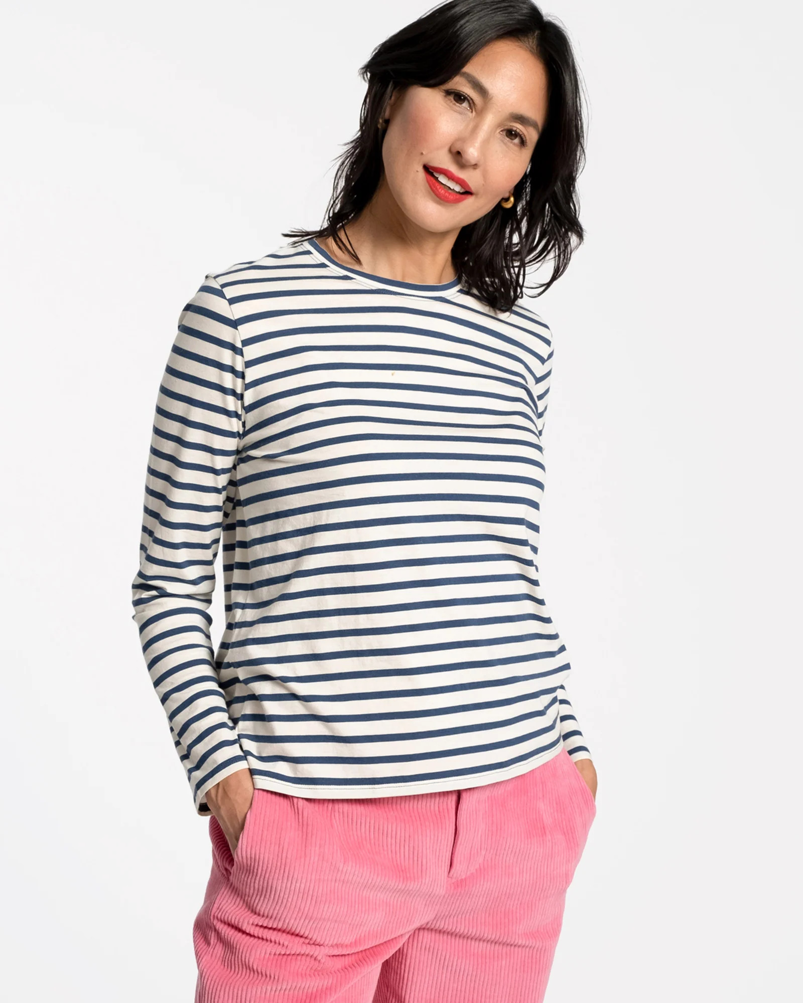 Long Sleeve Striped Shirt Oyster Navy | Frances Valentine